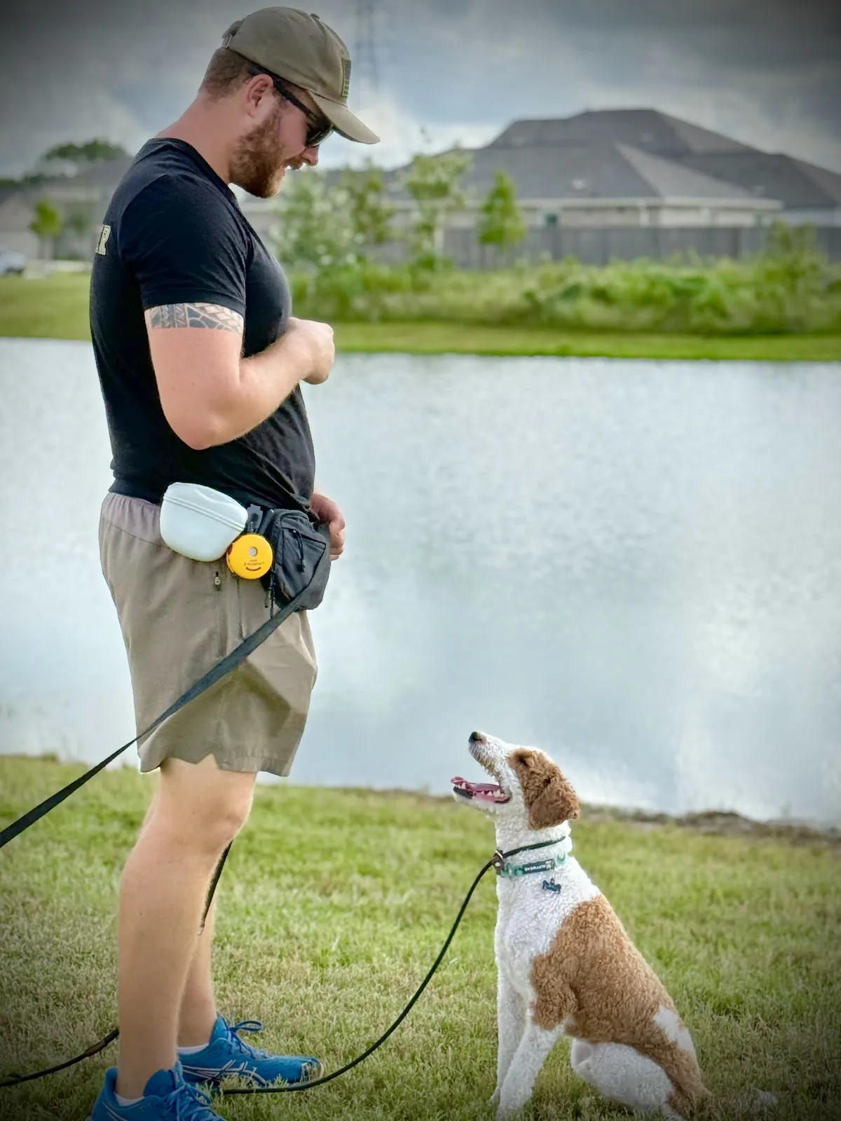 Seth training a beagle beside the lake